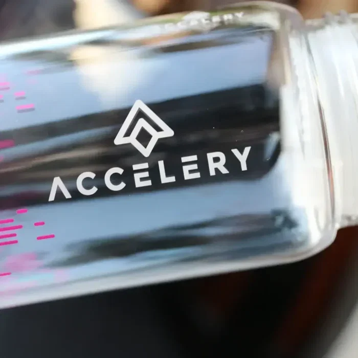 Clear Tritan water bottle with a permanent white UV laser engraved logo.