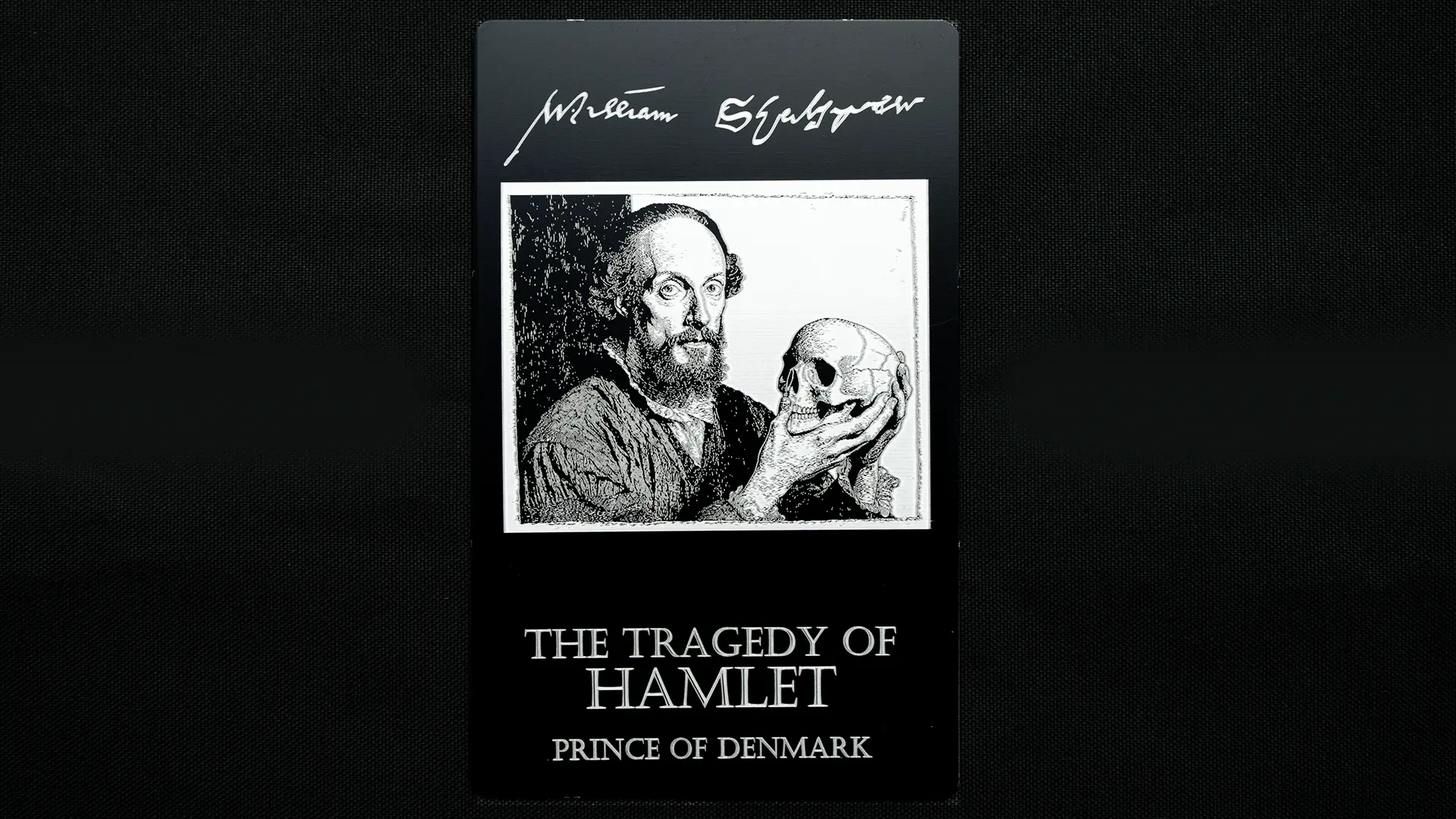 UV laser engraved aluminium plate with Shakespeare artwork - black and white detail
