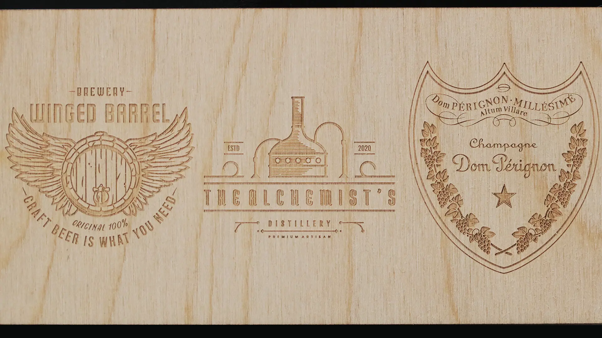 UV laser engraved wood panel showing fine line logo and detailed branding