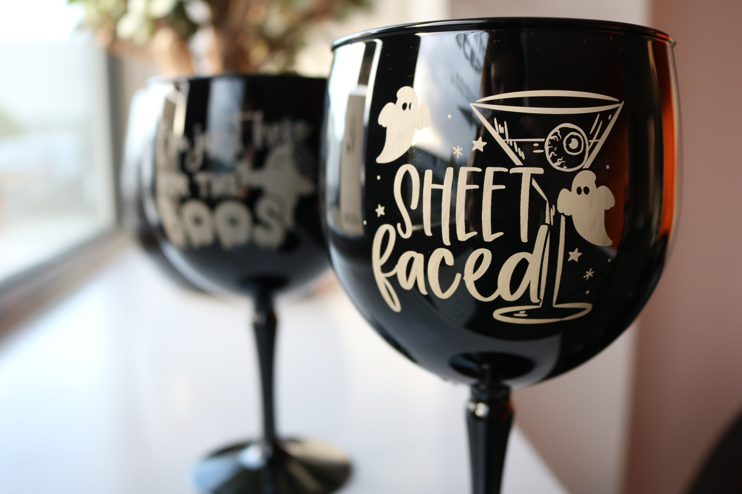 Halloween wine glasses marked with the Meta-C UV Laser Marking Machine
