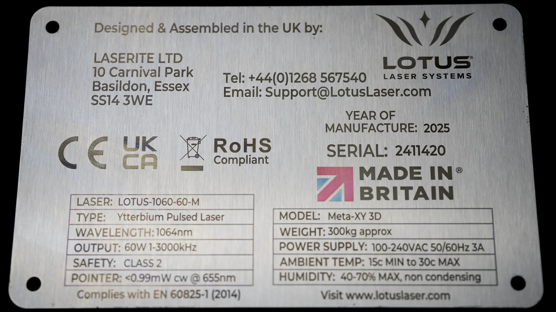 Lotus Fiber marked stainless steel serial plate